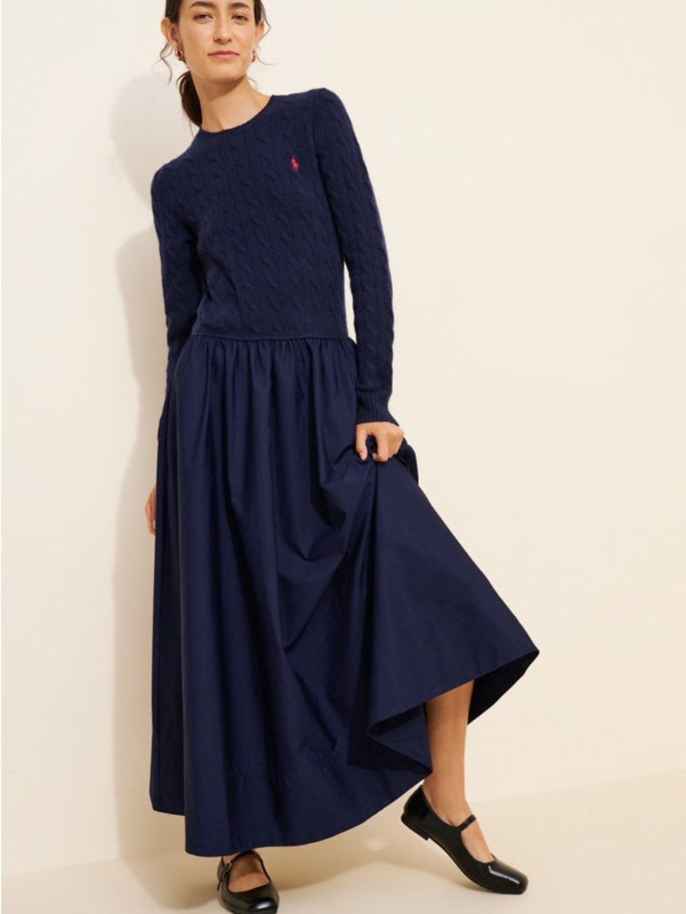 Polo by Ralph Lauren Navy Cable-Knit Long Sleeve Maxi Dress with Red Polo Emblem